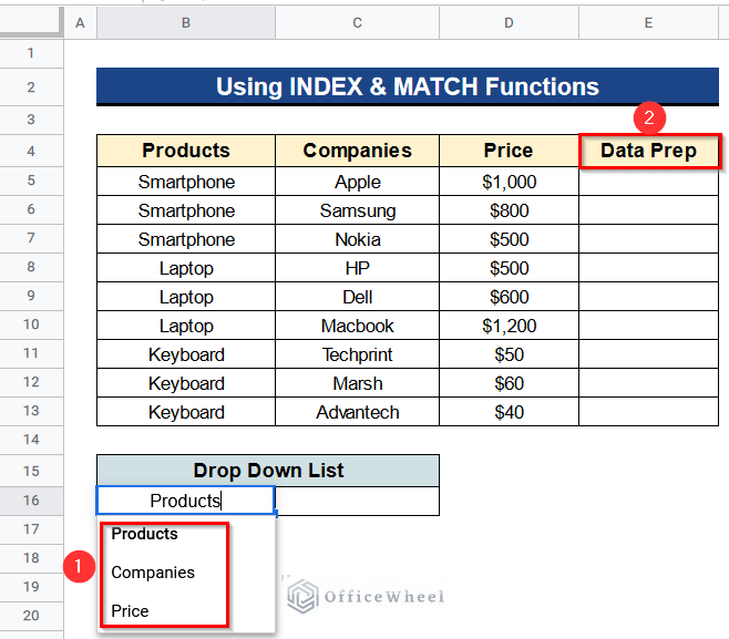 Joining INDEX and MATCH Functions to Update Cell Values Based on Selection in Drop Down List in Google Spreadsheet